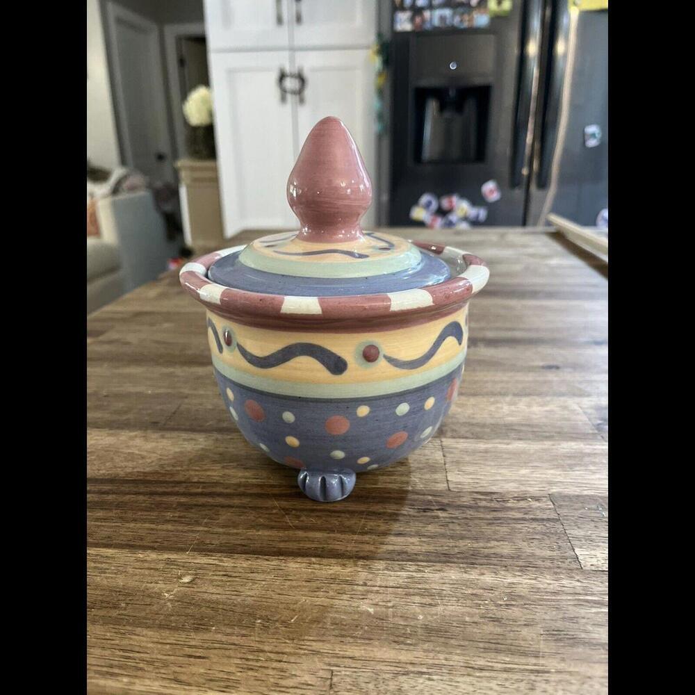 Vintage Colorful Studio Pottery Trinket Dish Candy Bowl Butter Dish Hand Painted